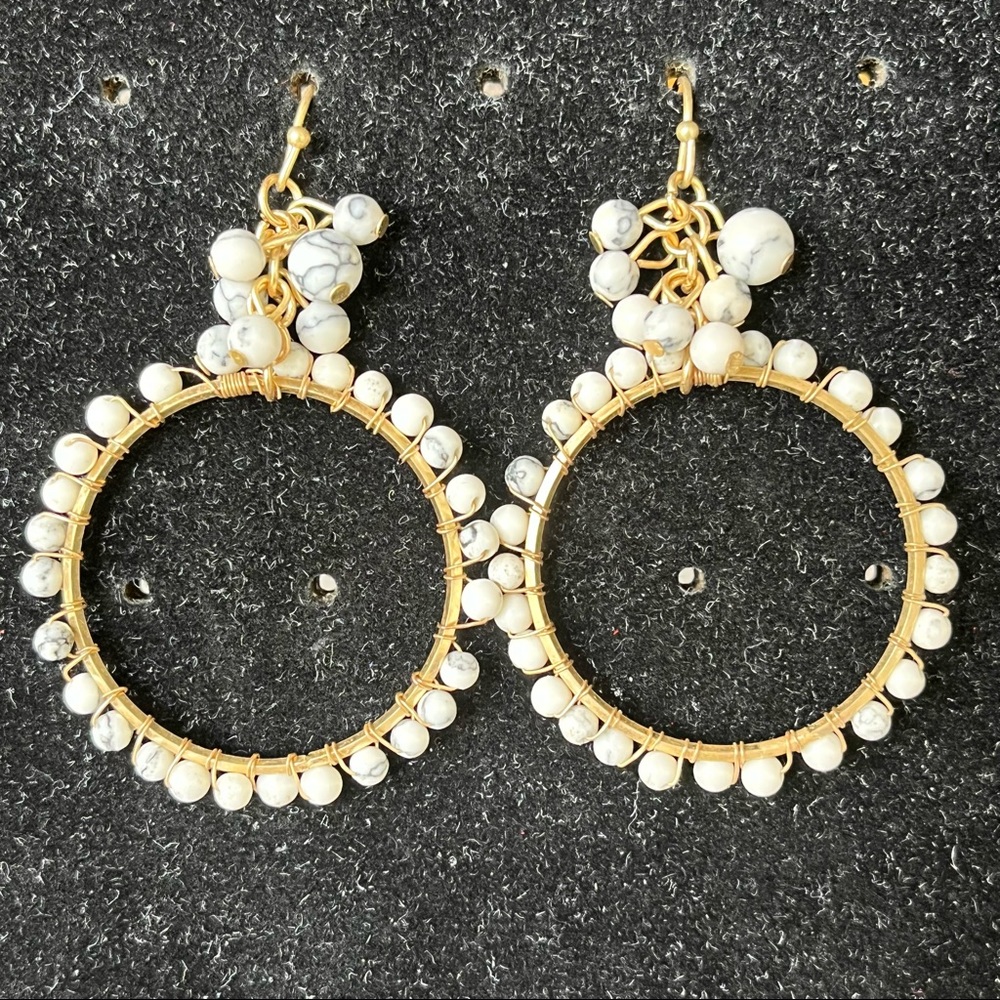 White Marble Bead Hoop Earrings